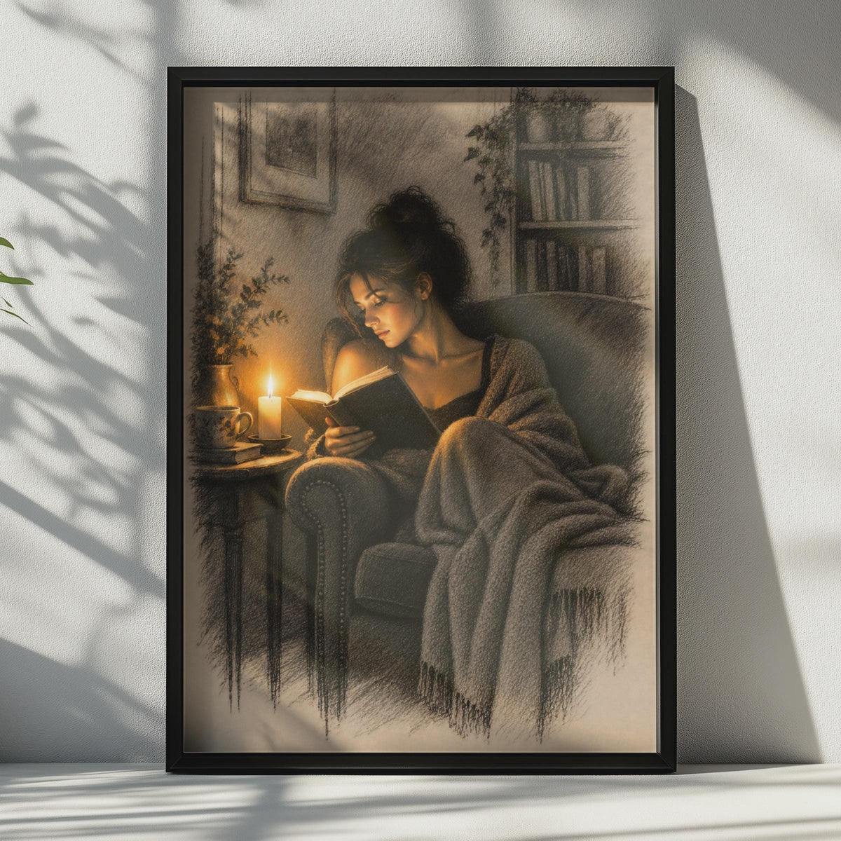 Candlelight Reading Woman Poster, Charcoal Sketch Style, Cozy Library Wall Art (Print)