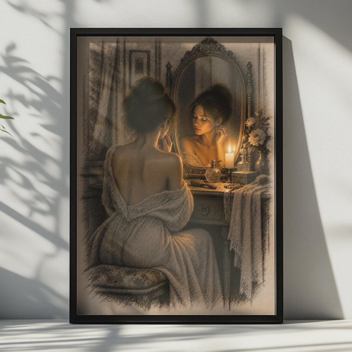 Victorian Woman at Vanity Mirror Poster, Candlelight Boudoir Art, Sepia Figurative Print