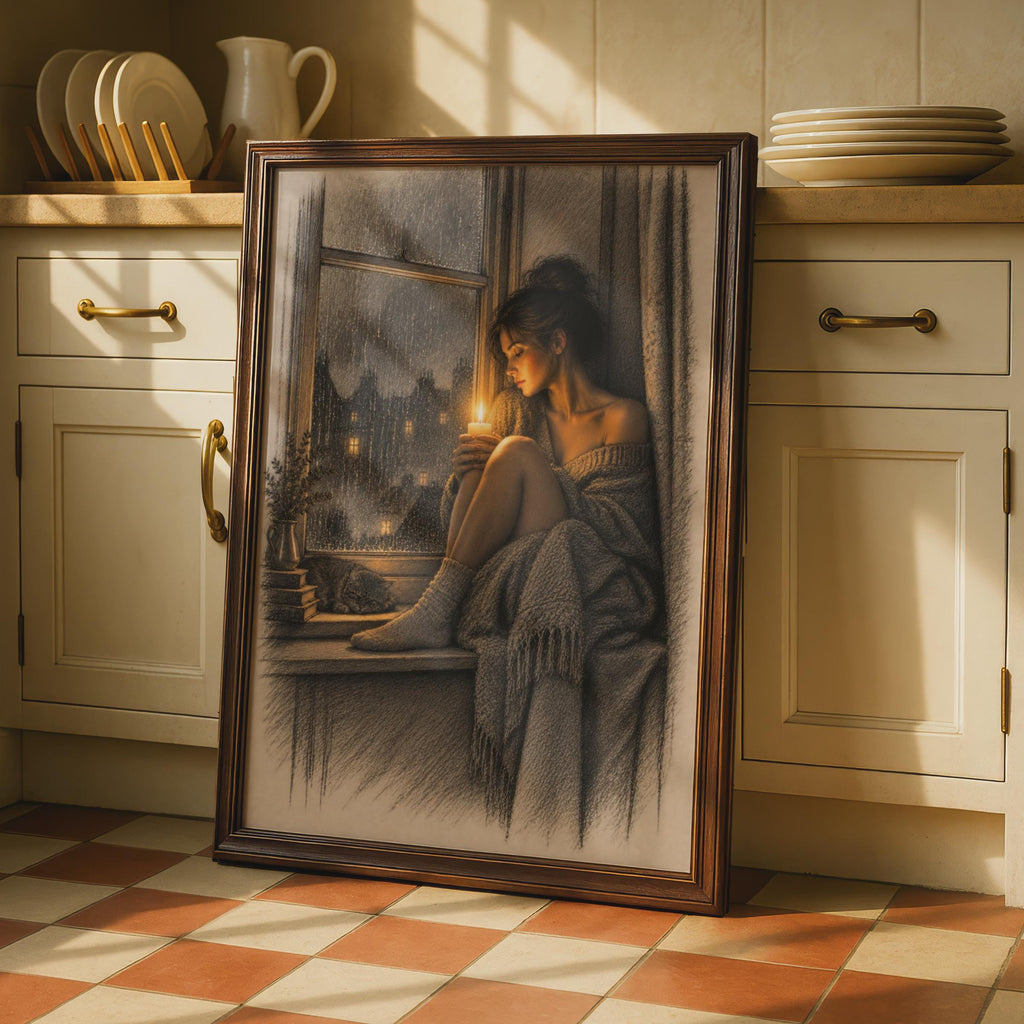 Moody Rainy Window Poster, Woman Candle Cat Art, Hygge Bedroom Print (Sepia Sketch Style)