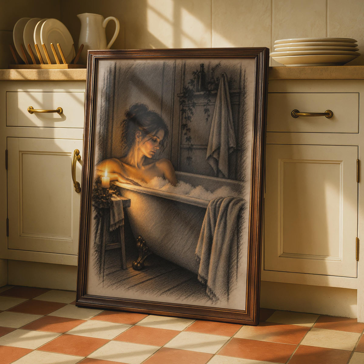 Candlelit Bath Poster, Sepia Sketch Woman in Tub, Moody Bathroom Art Print