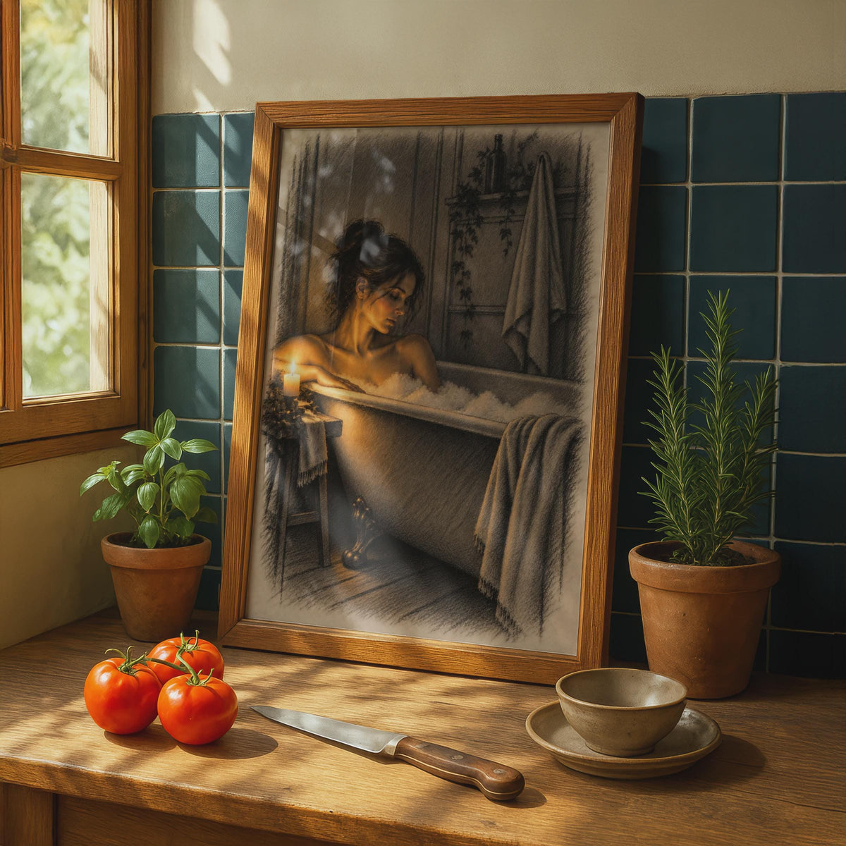 Candlelit Bath Poster, Sepia Sketch Woman in Tub, Moody Bathroom Art Print