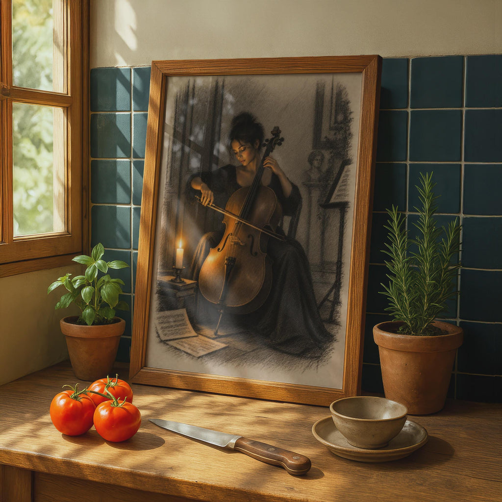 Cello by Candlelight Poster, Pencil Sketch, Dark Academia Decor (Print)