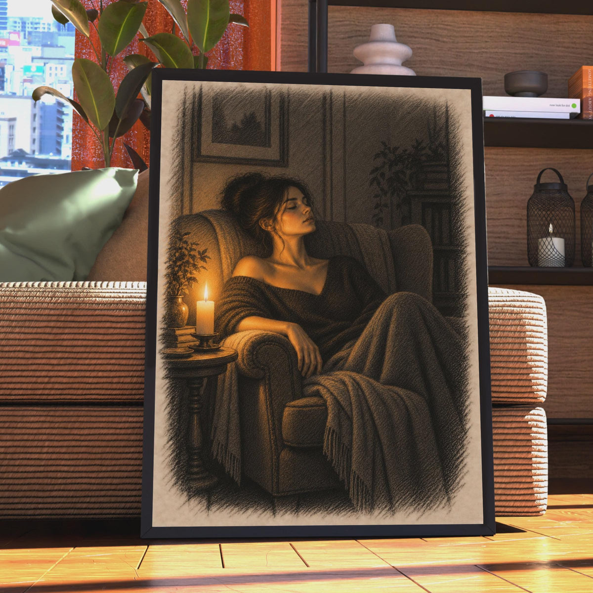 Candlelit Woman Resting Armchair Poster, Hygge Interior Art, Warm Amber Tones (Print)