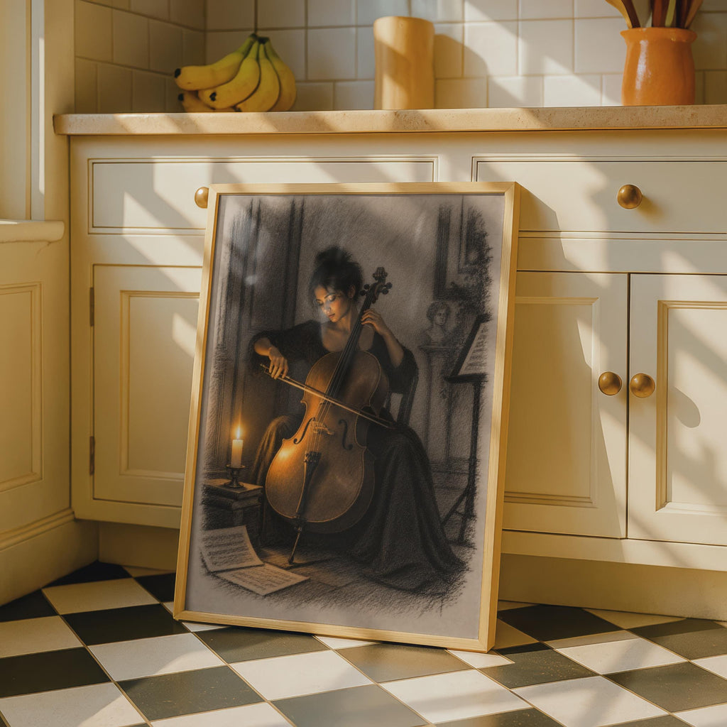 Cello by Candlelight Poster, Pencil Sketch, Dark Academia Decor (Print)