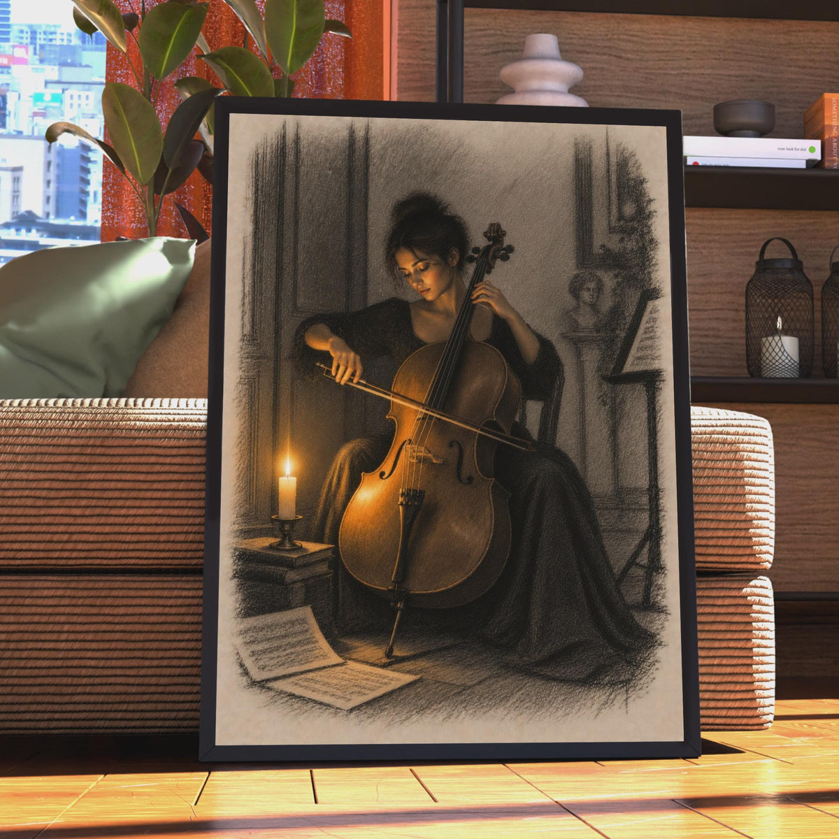 Cello by Candlelight Poster, Pencil Sketch, Dark Academia Decor (Print)
