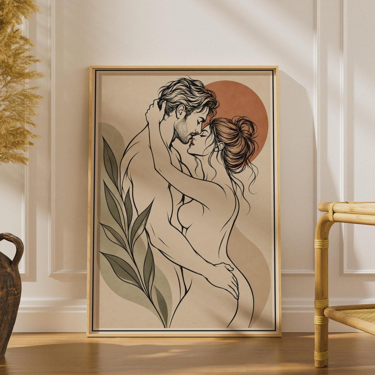 Romantic Couple Line Art Poster, Boho Lovers Embrace Print, Terracotta Bedroom Wall Art (Physical)