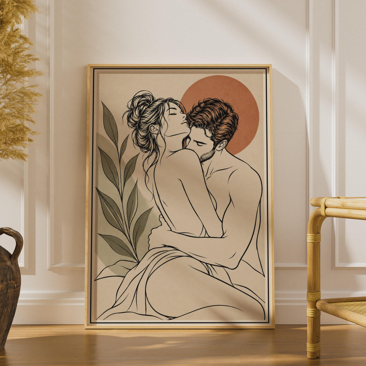 Romantic Couple Line Art Print, Boho Lovers Embrace, Terracotta Sun Wall Decor (Print)