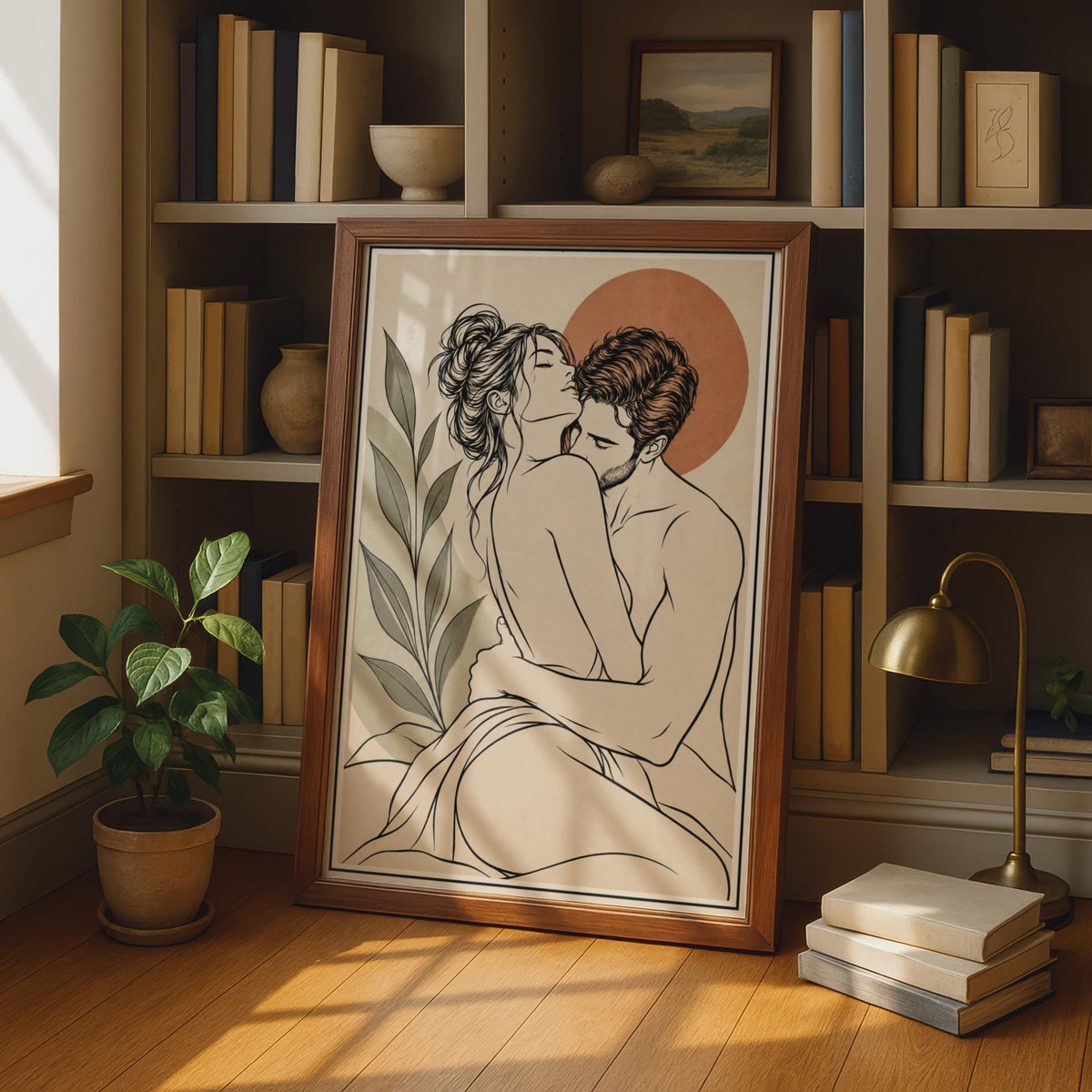 Romantic Couple Line Art Print, Boho Lovers Embrace, Terracotta Sun Wall Decor (Print)