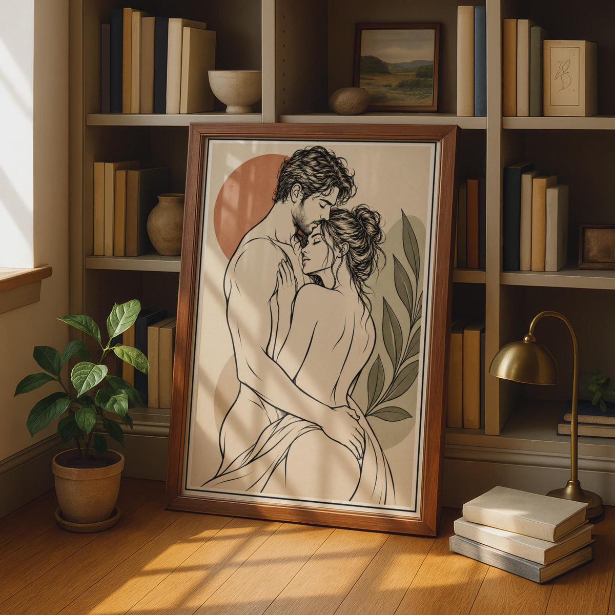 Romantic Couple Embrace Line Art Print, Boho Terracotta Sage Green Wall Art (Physical Poster)