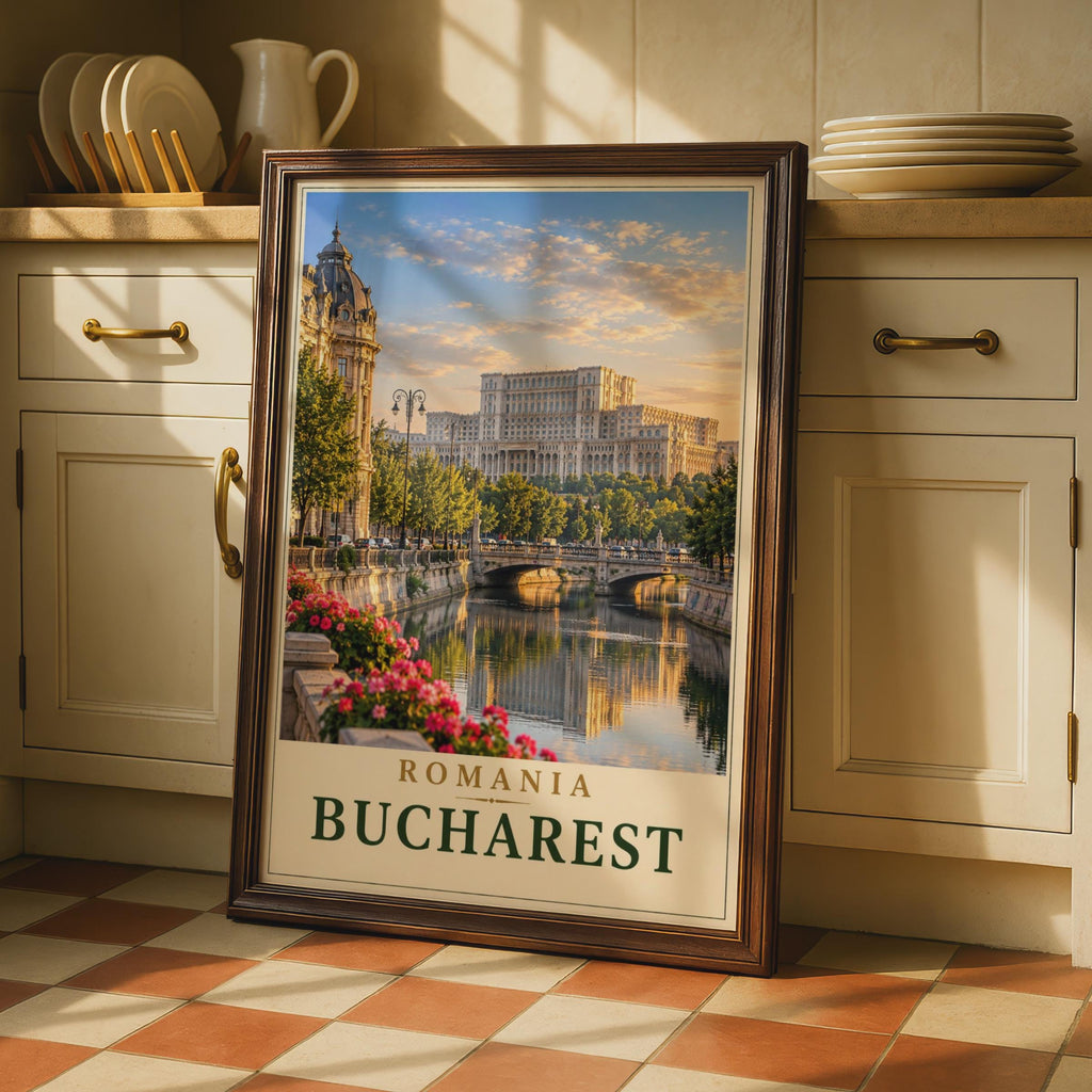 Bucharest Romania Travel Poster, Palace of Parliament, Golden Hour Cityscape (Print)