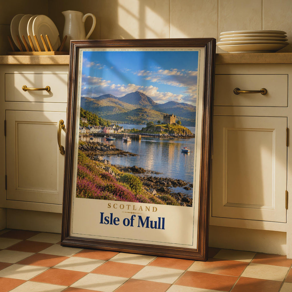 Isle of Mull Scotland Travel Poster, Castle Harbour, Tobermory Loch Print (Wall Art)
