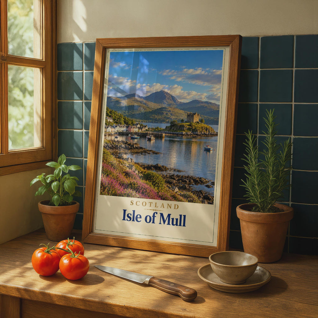 Isle of Mull Scotland Travel Poster, Castle Harbour, Tobermory Loch Print (Wall Art)