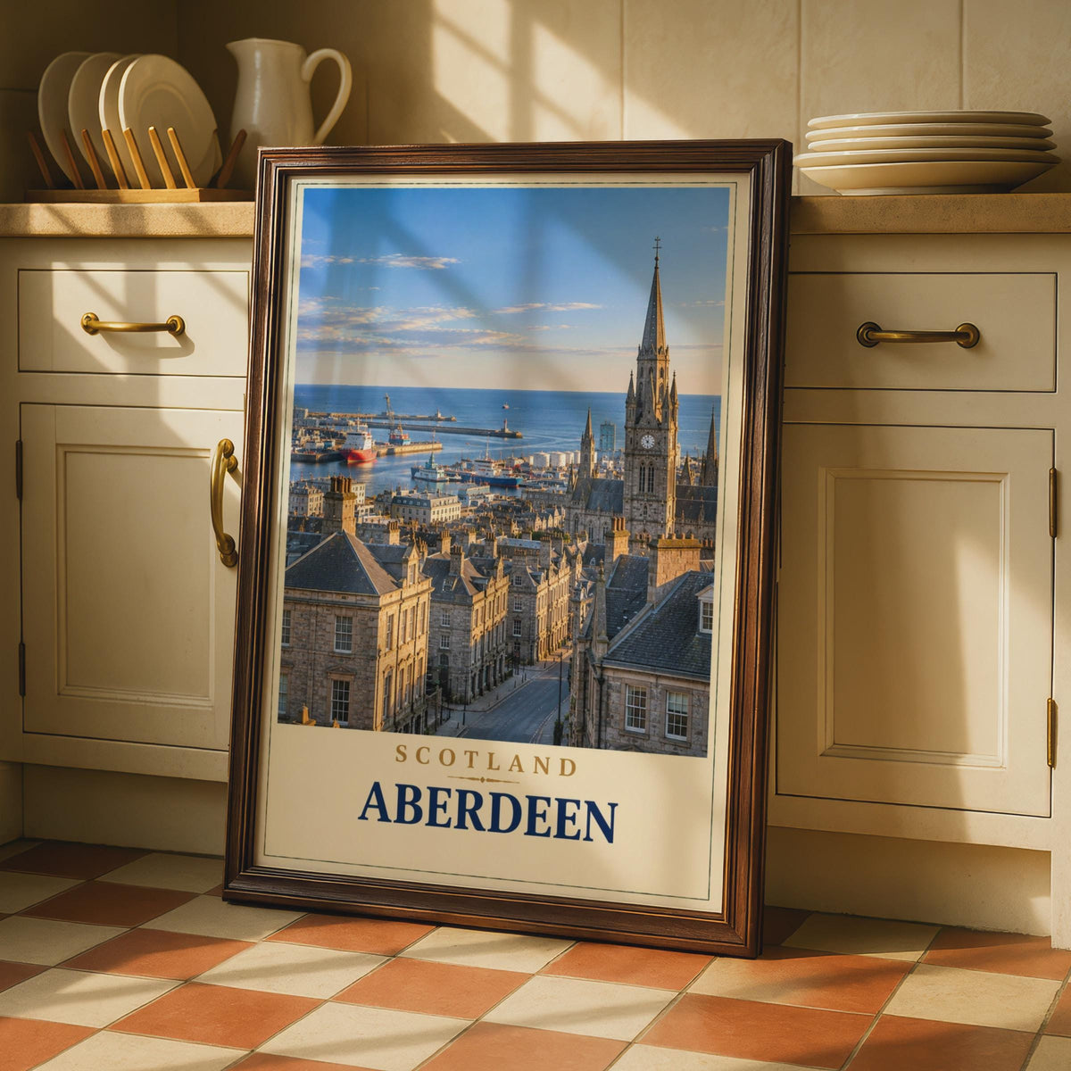 Aberdeen Scotland Travel Poster, Gothic Clock Tower, Harbour View, North Sea (Print)