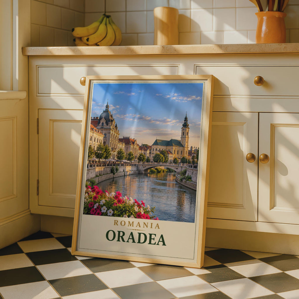 Oradea Romania Travel Poster, Crisul Repede River, Art Nouveau Architecture (Printed to Order)