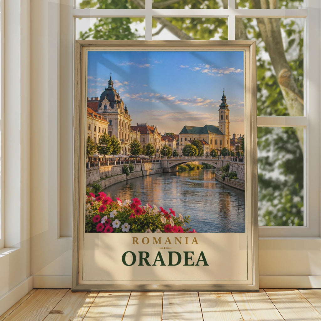 Oradea Romania Travel Poster, Crisul Repede River, Art Nouveau Architecture (Printed to Order)