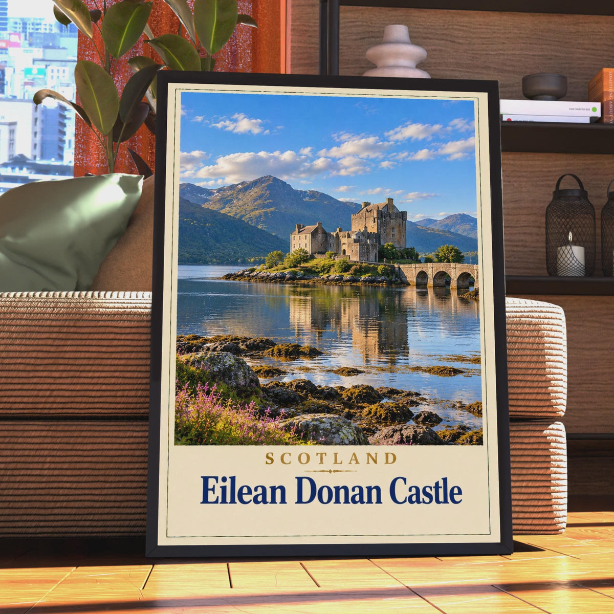 Eilean Donan Castle Scotland Travel Poster, Highland Loch Print, Vintage Style Wall Art