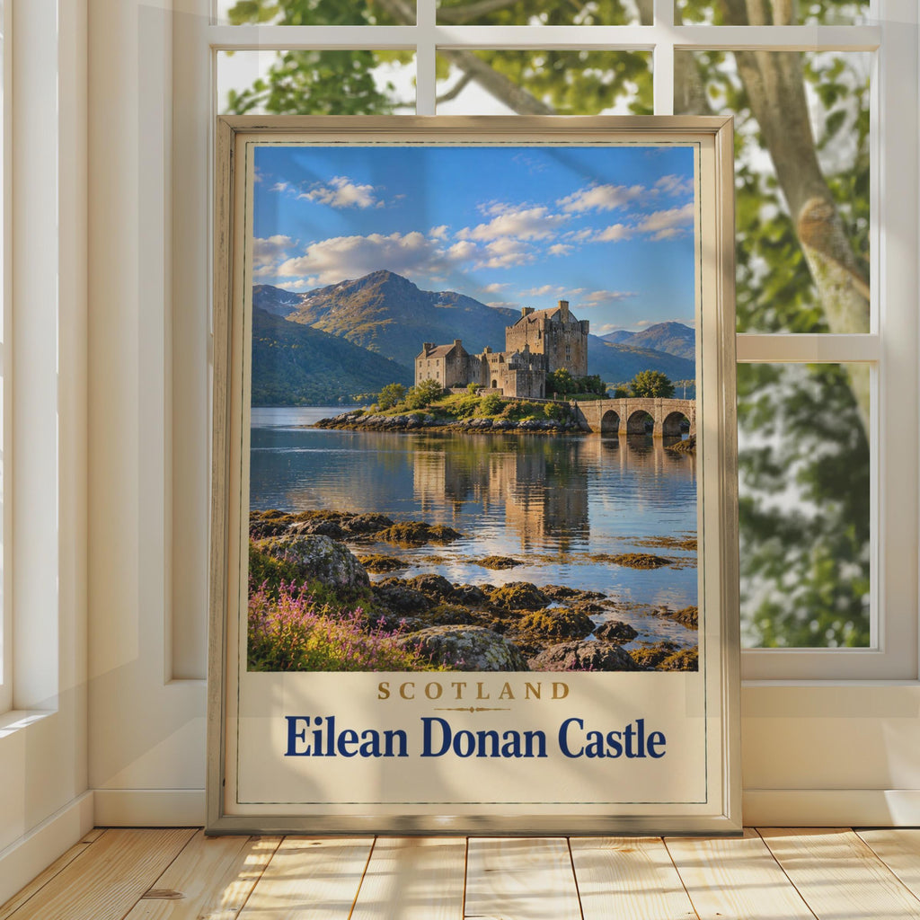 Eilean Donan Castle Scotland Travel Poster, Highland Loch Print, Vintage Style Wall Art