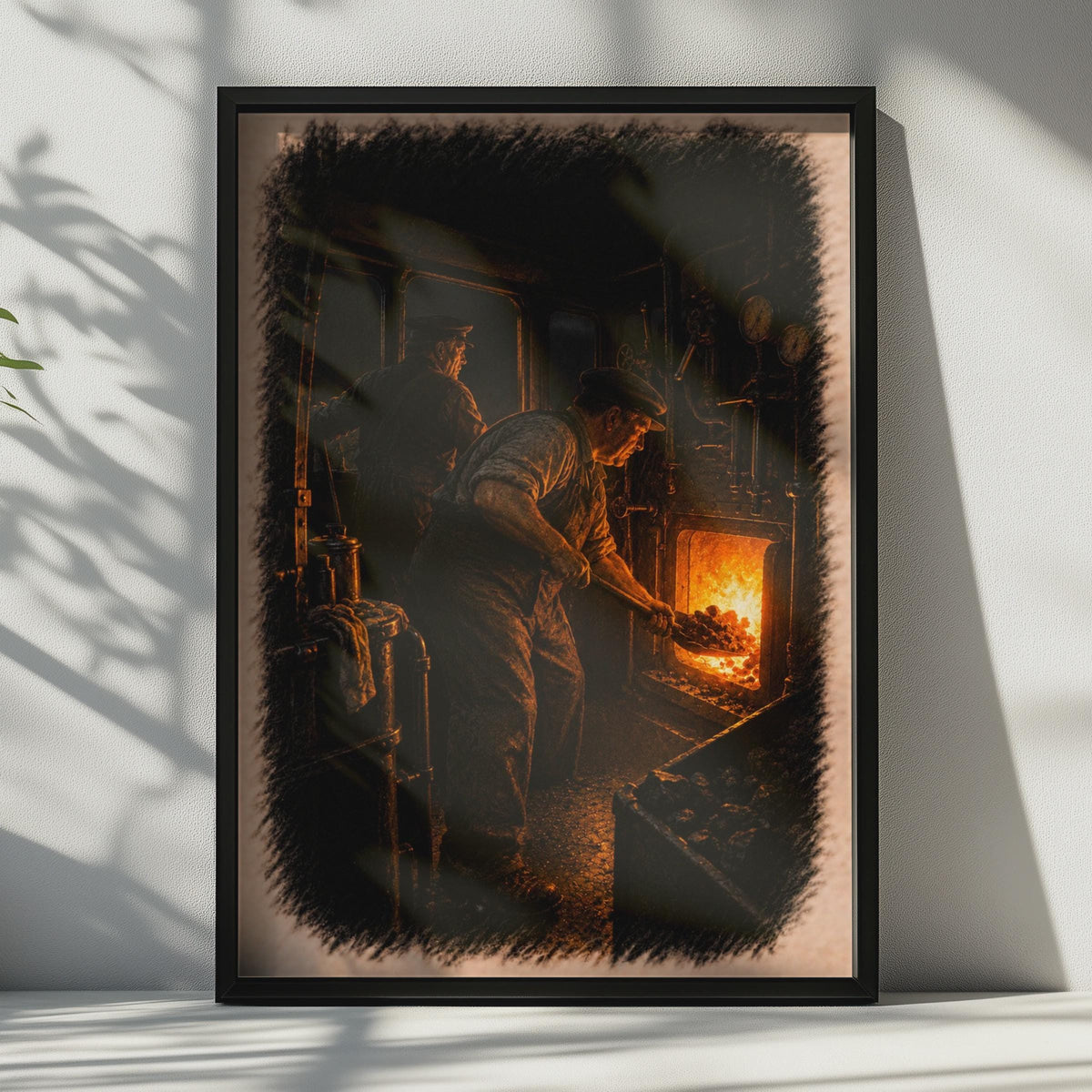 Vintage Steam Train Fireman Poster, Moody Railway Engine Room Art