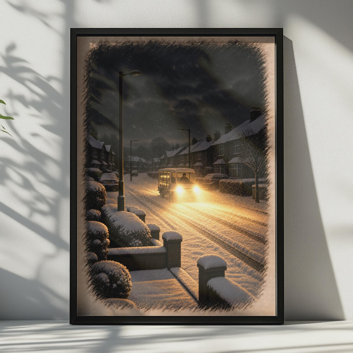 British Winter Street Art Poster, Snowy Milk Float, Nostalgic UK Suburban Night (Print)