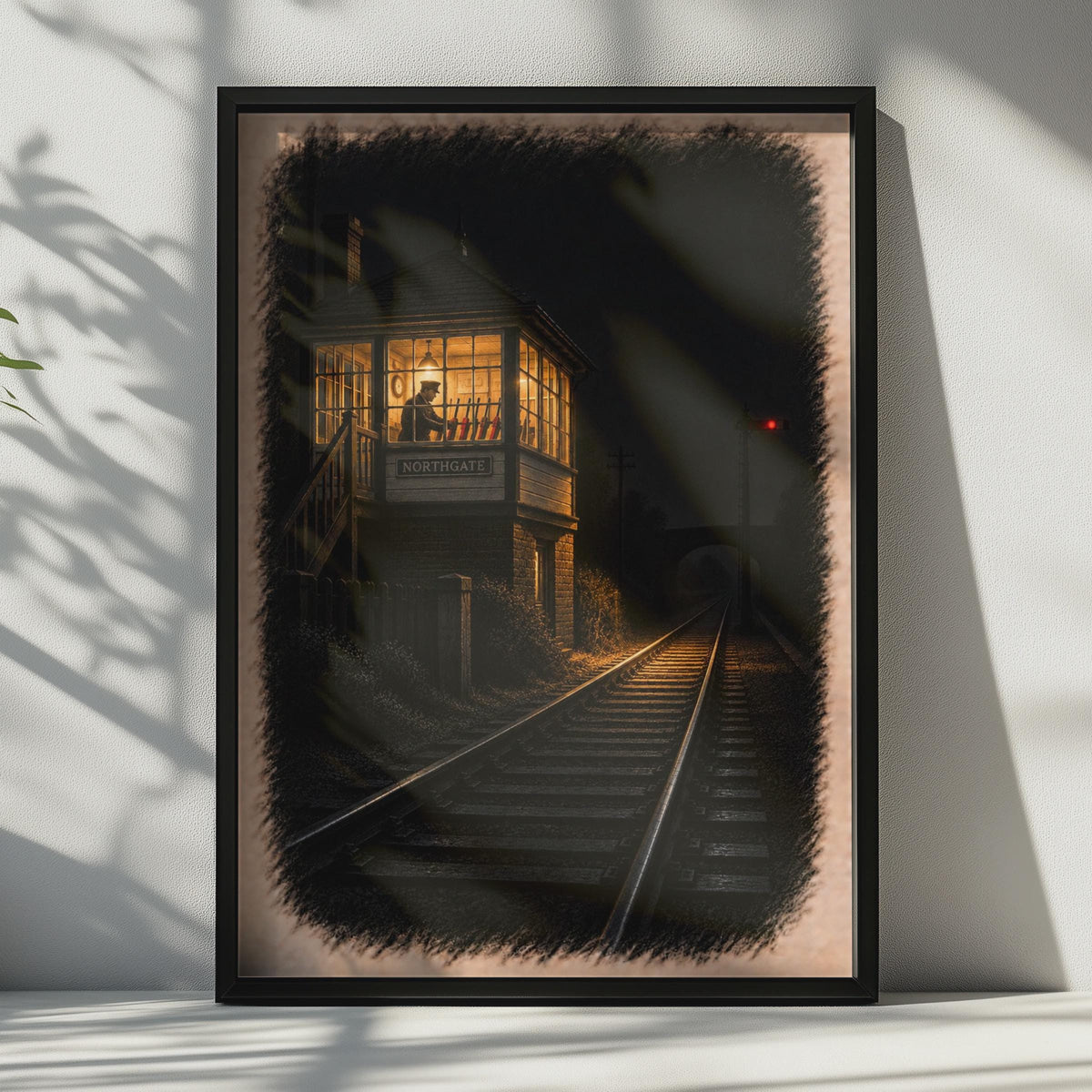 Northgate Signal Box Railway Poster, Vintage British Train Night Scene, Moody Atmospheric Print