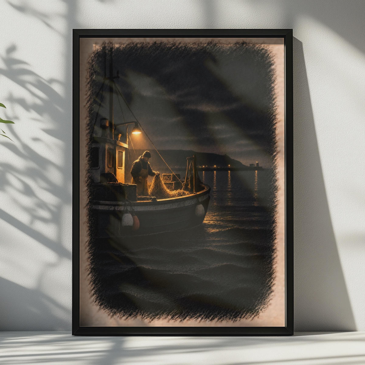 Moody Night Fisherman Trawler Poster, Dramatic Seascape, Coastal Maritime Art