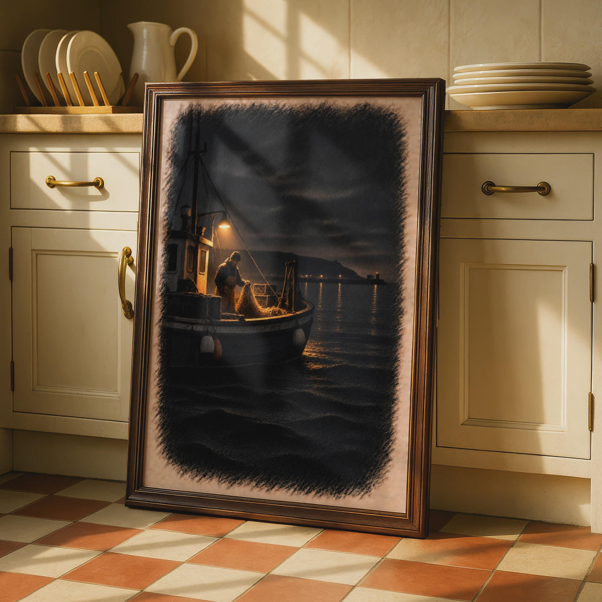 Moody Night Fisherman Trawler Poster, Dramatic Seascape, Coastal Maritime Art