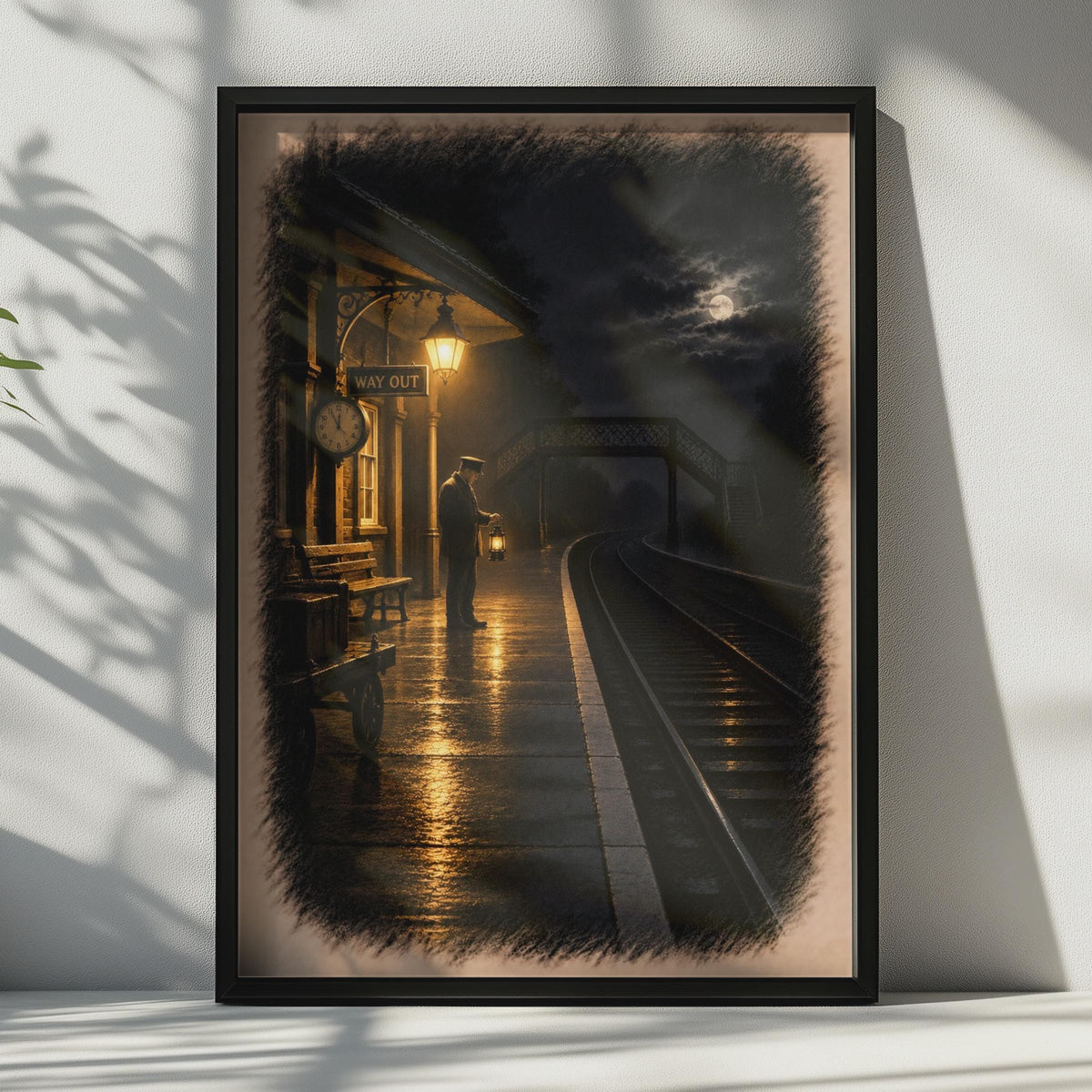 Victorian Railway Station Night Poster, Moody Moonlit Platform Art, Atmospheric Train Station Print