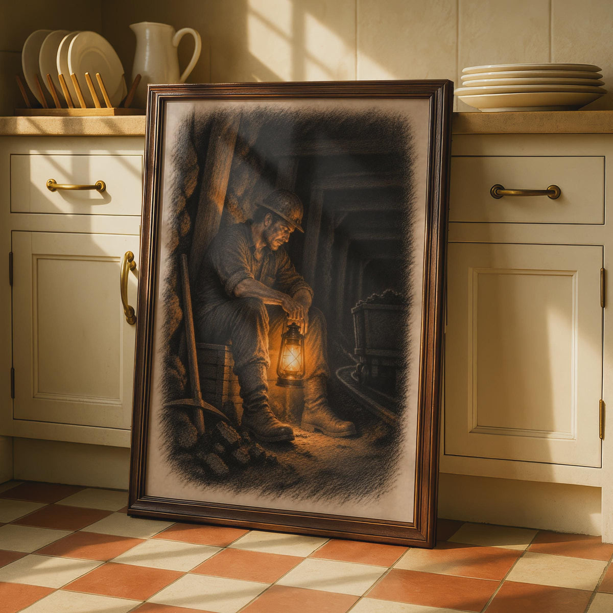 Coal Miner Lantern Art Print, Sepia Tone Mining Heritage Wall Decor