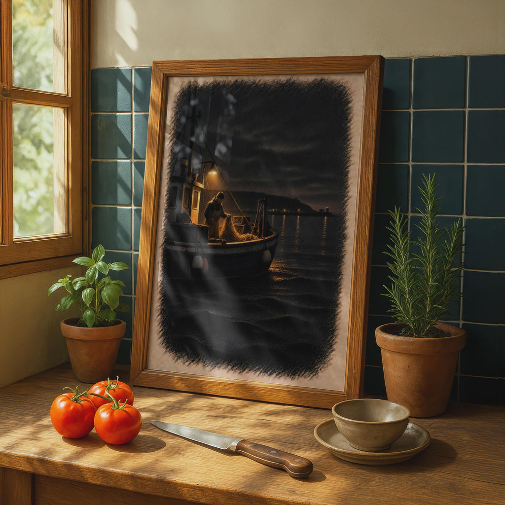 Moody Night Fisherman Trawler Poster, Dramatic Seascape, Coastal Maritime Art