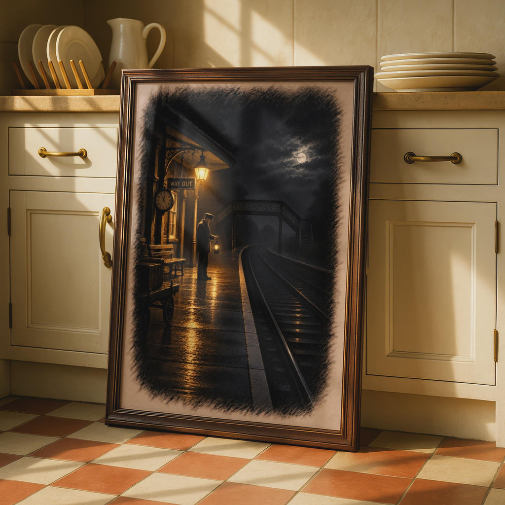 Victorian Railway Station Night Poster, Moody Moonlit Platform Art, Atmospheric Train Station Print