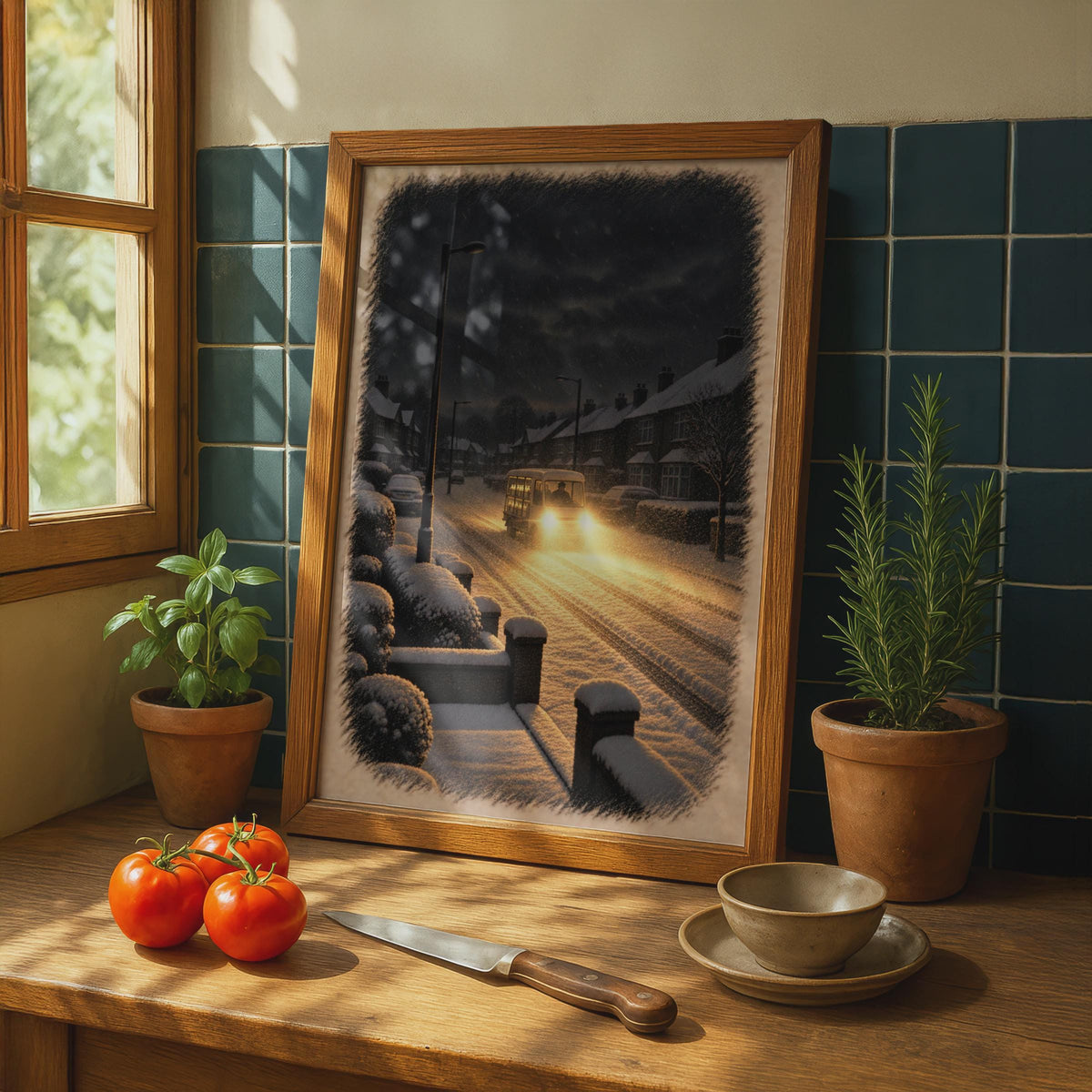 British Winter Street Art Poster, Snowy Milk Float, Nostalgic UK Suburban Night (Print)