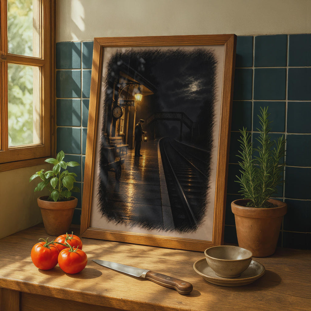 Victorian Railway Station Night Poster, Moody Moonlit Platform Art, Atmospheric Train Station Print