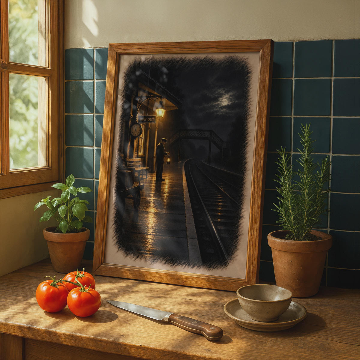 Victorian Railway Station Night Poster, Moody Moonlit Platform Art, Atmospheric Train Station Print