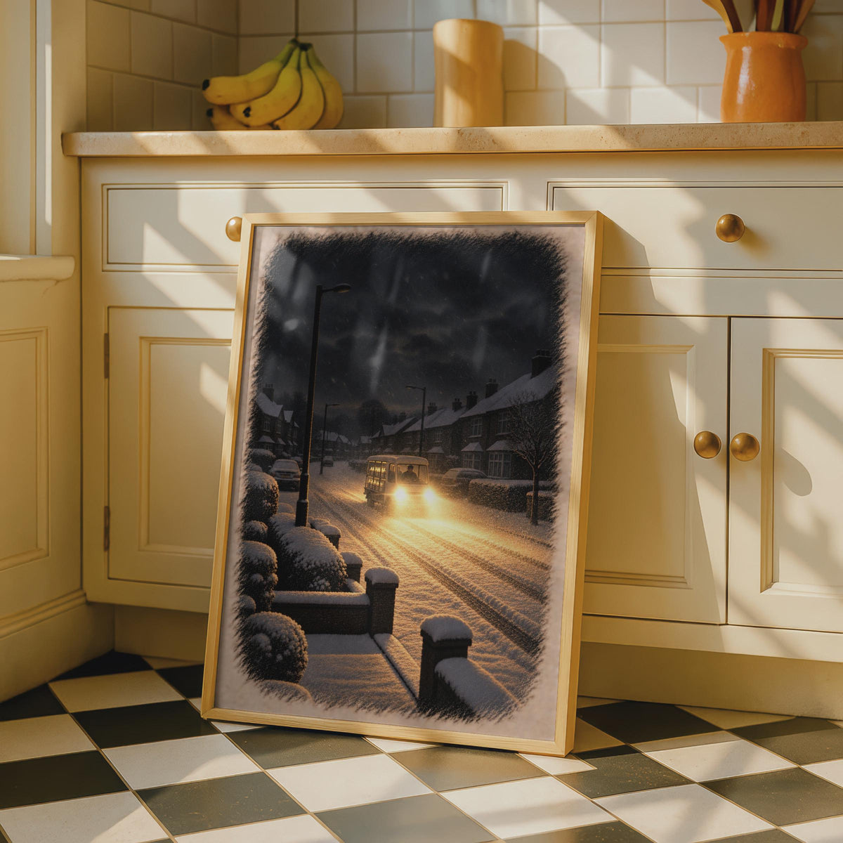 British Winter Street Art Poster, Snowy Milk Float, Nostalgic UK Suburban Night (Print)