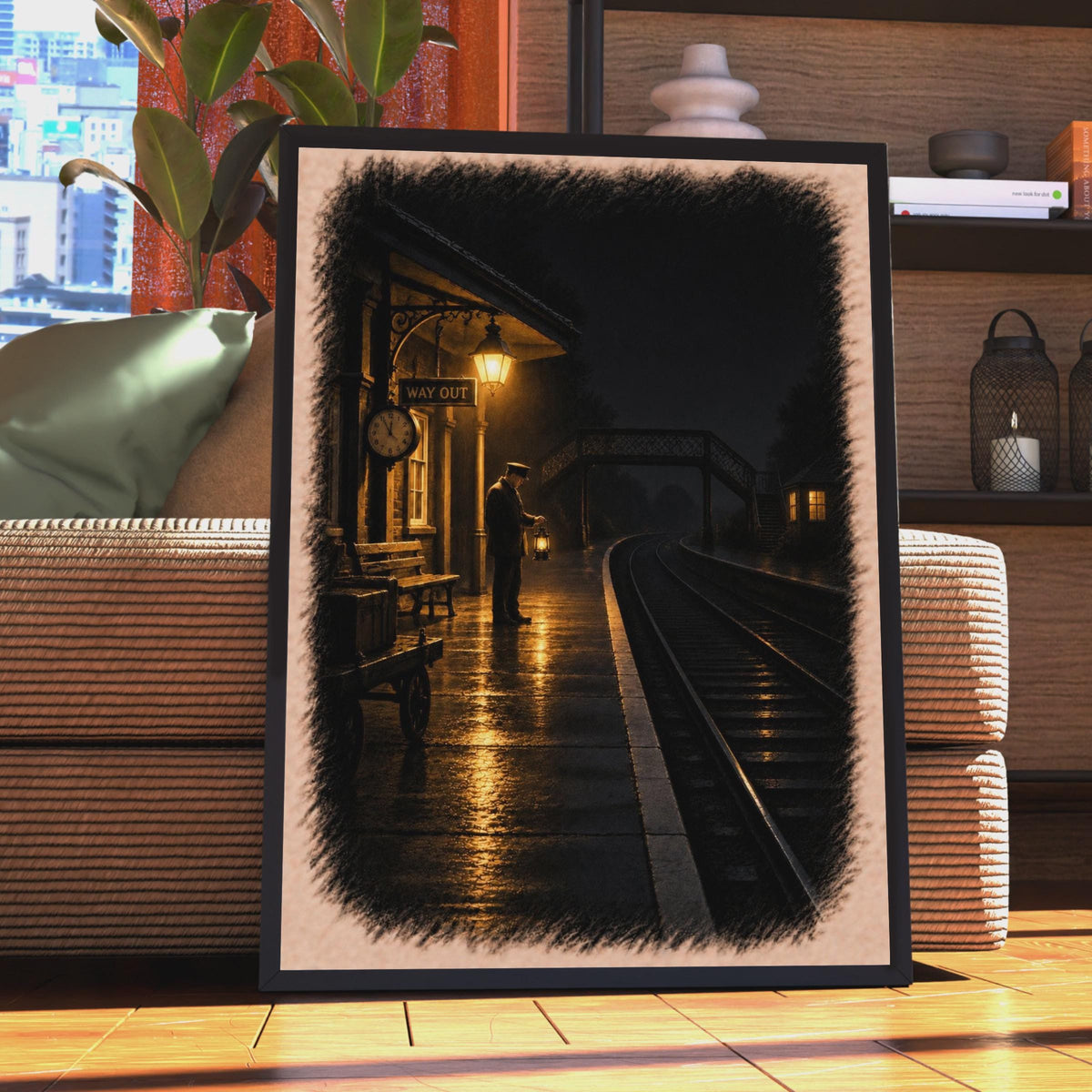 Vintage Railway Station Night Scene Poster, Victorian Stationmaster Lantern Wall Art