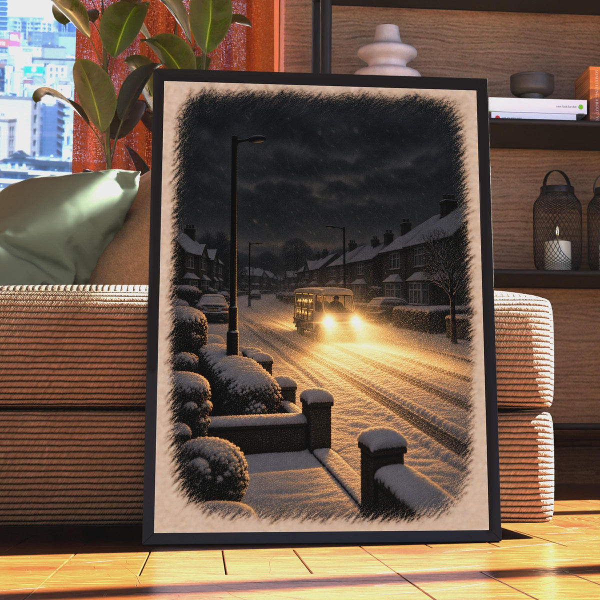 British Winter Street Art Poster, Snowy Milk Float, Nostalgic UK Suburban Night (Print)