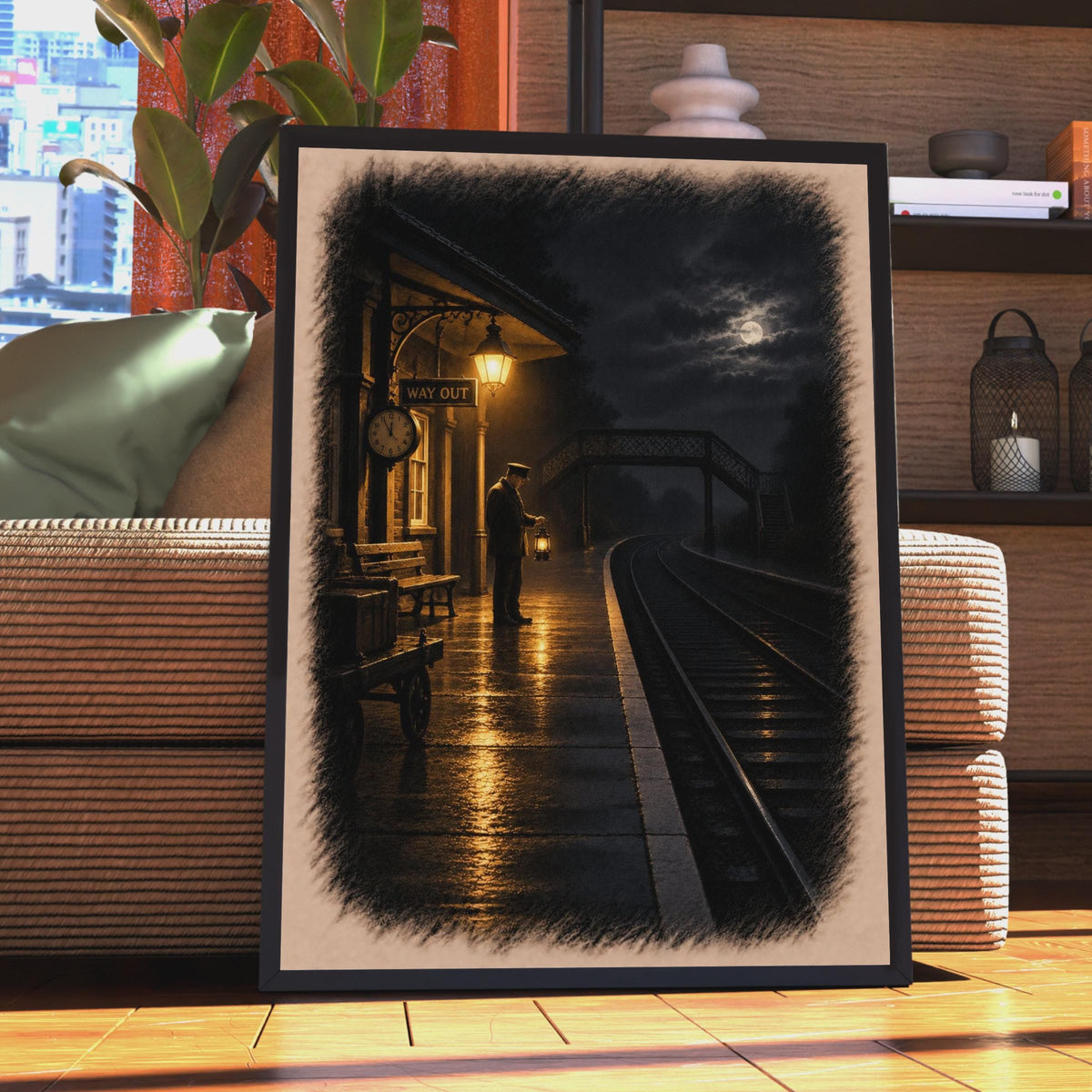 Victorian Railway Station Night Poster, Moody Moonlit Platform Art, Atmospheric Train Station Print