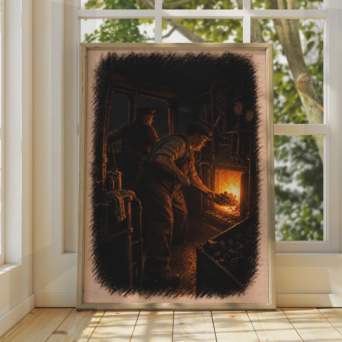 Vintage Steam Train Fireman Poster, Moody Railway Engine Room Art