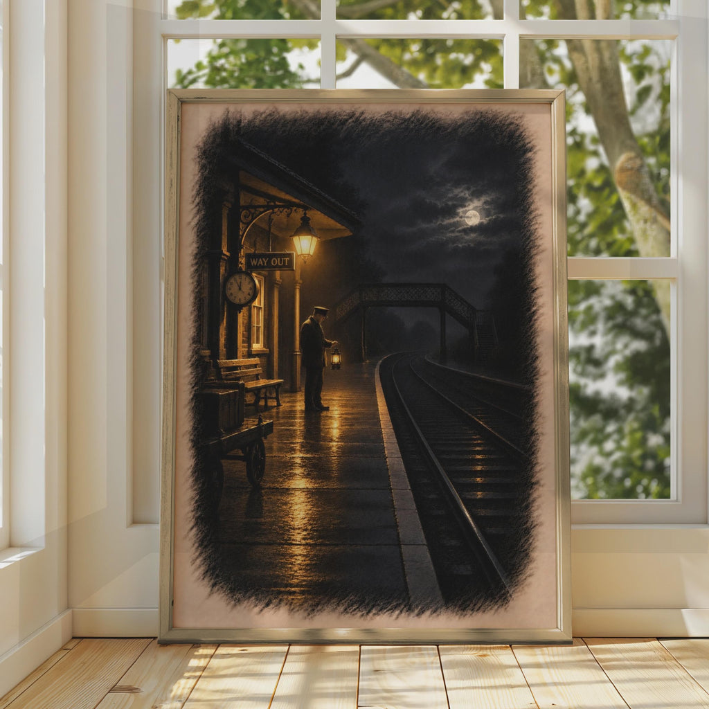 Victorian Railway Station Night Poster, Moody Moonlit Platform Art, Atmospheric Train Station Print