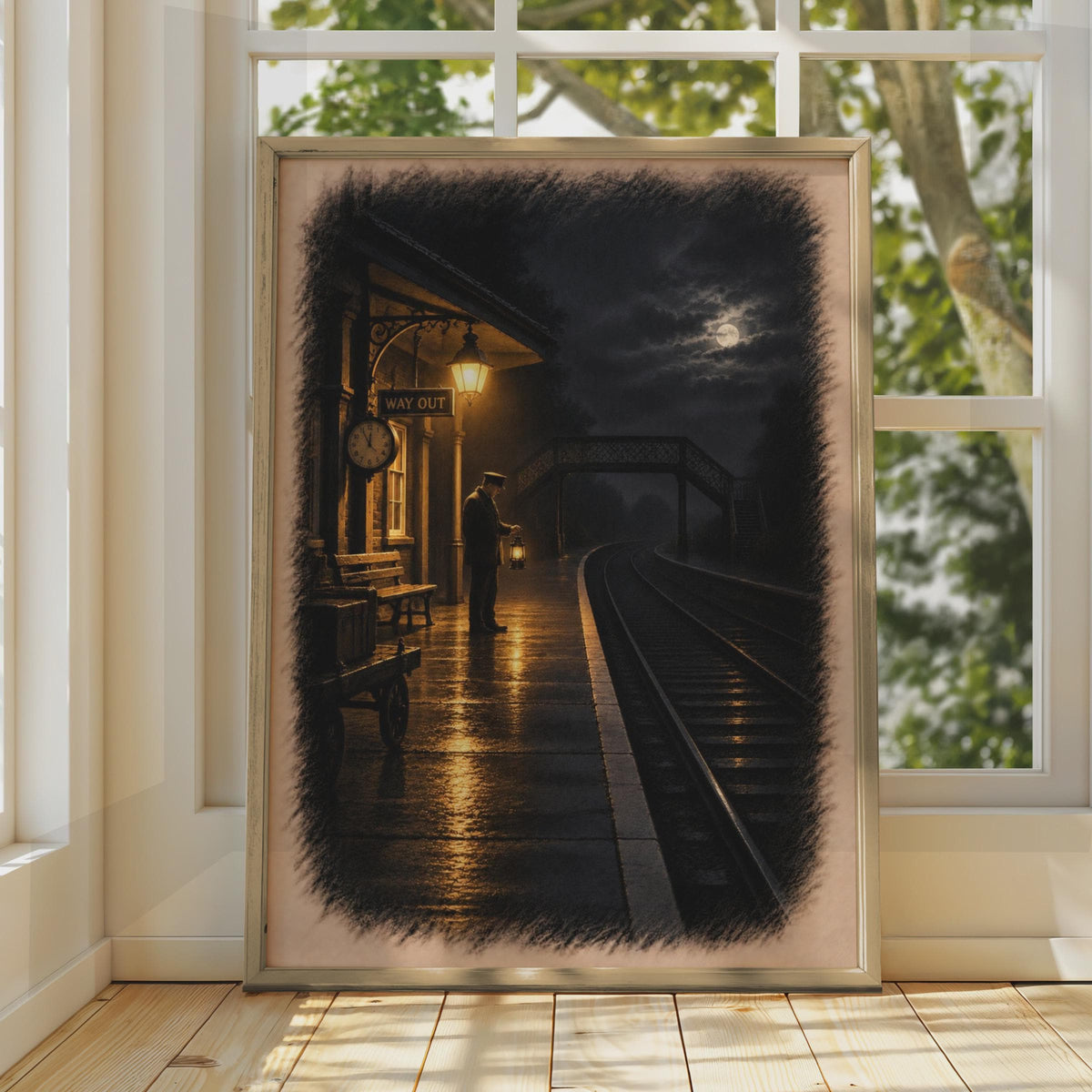 Victorian Railway Station Night Poster, Moody Moonlit Platform Art, Atmospheric Train Station Print