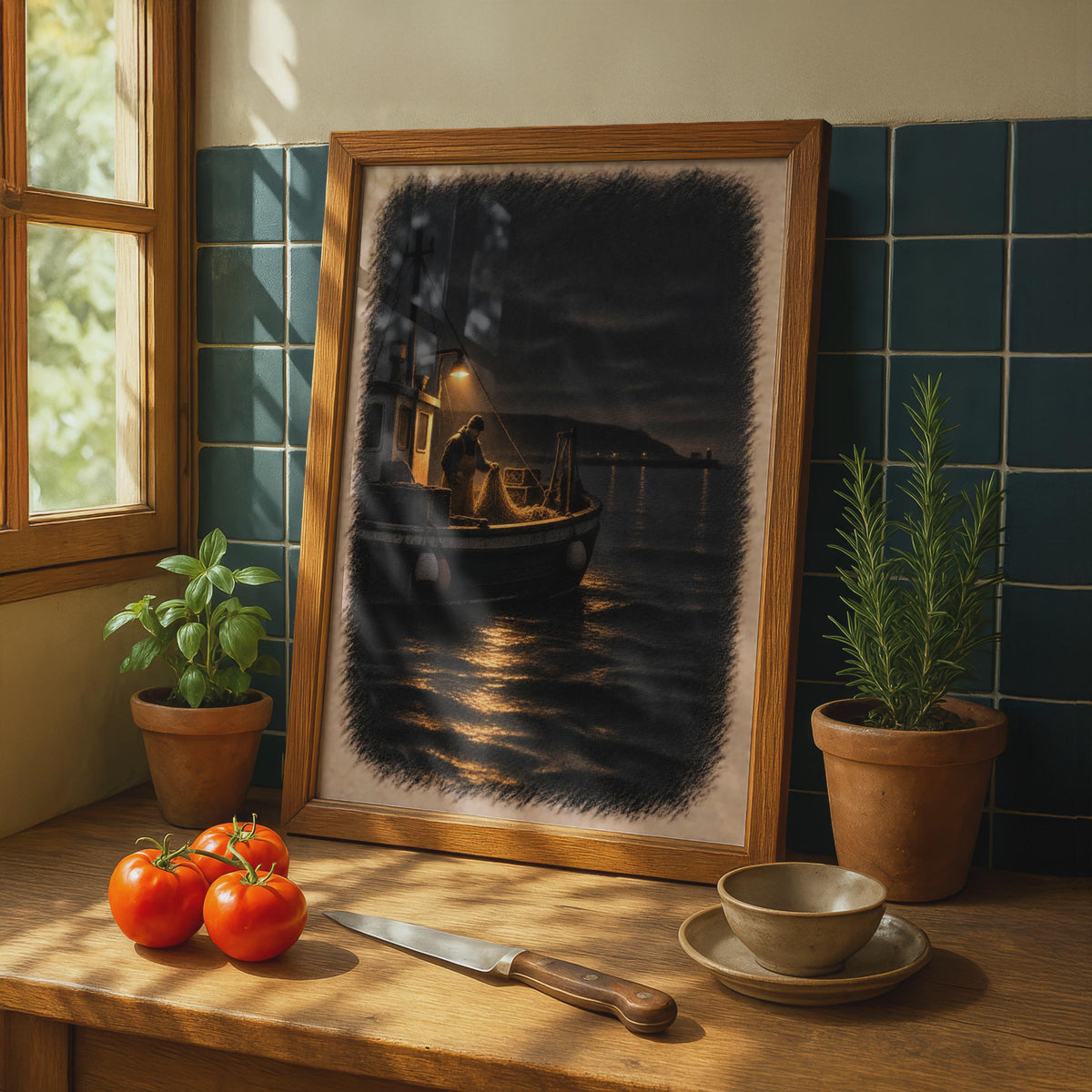 Night Fisherman Trawler Poster, Moody Coastal Wall Art, Maritime Nautical Decor