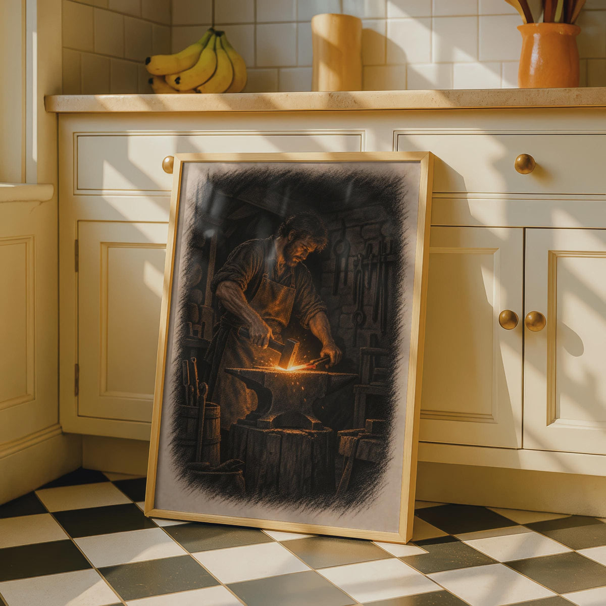 Blacksmith Forge Poster, Anvil Hammer Sparks, Moody Craftsman Art (Print)