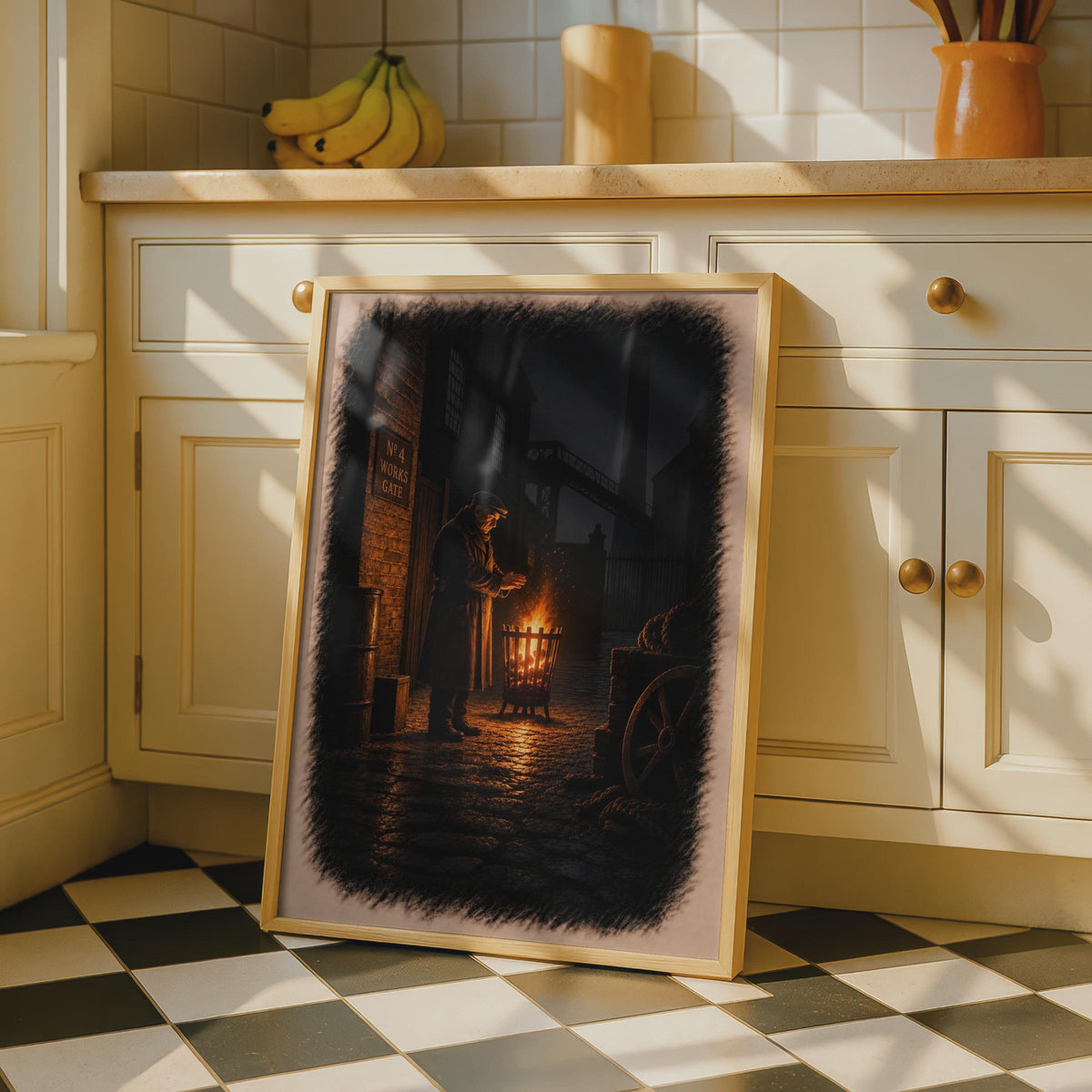 Victorian Industrial Night Scene Poster, Watchman by Fire Brazier, Moody Factory Wall Art