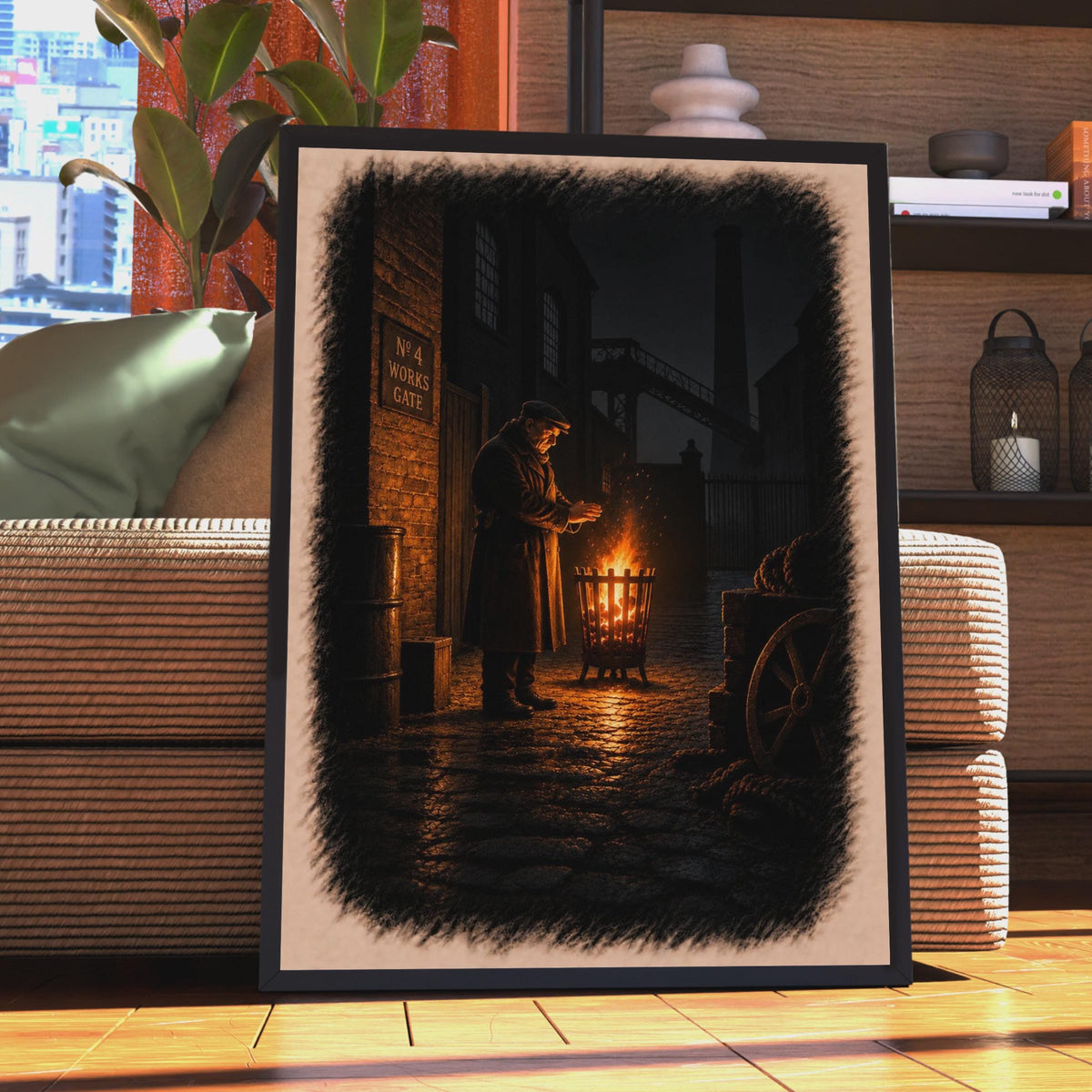 Victorian Industrial Night Scene Poster, Watchman by Fire Brazier, Moody Factory Wall Art