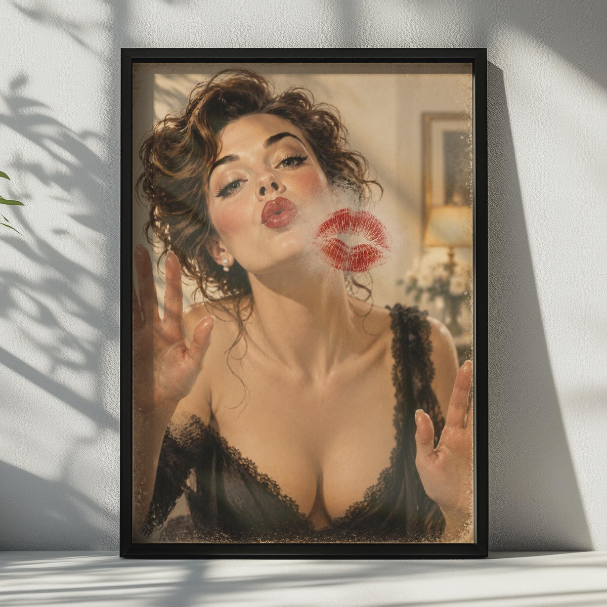 Vintage Pin Up Kiss Poster, Retro Glamour Wall Art, Red Lips Trompe L'oeil Print, Boudoir Decor, Optical Illusion Smudge Glas