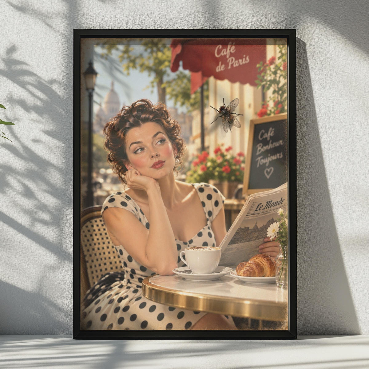 Paris Cafe Optical Illusion Poster, Vintage Pin-Up French Wall Art, Retro Trompe L'Oeil Fly Print, Kitchen Dining Room Decor 
