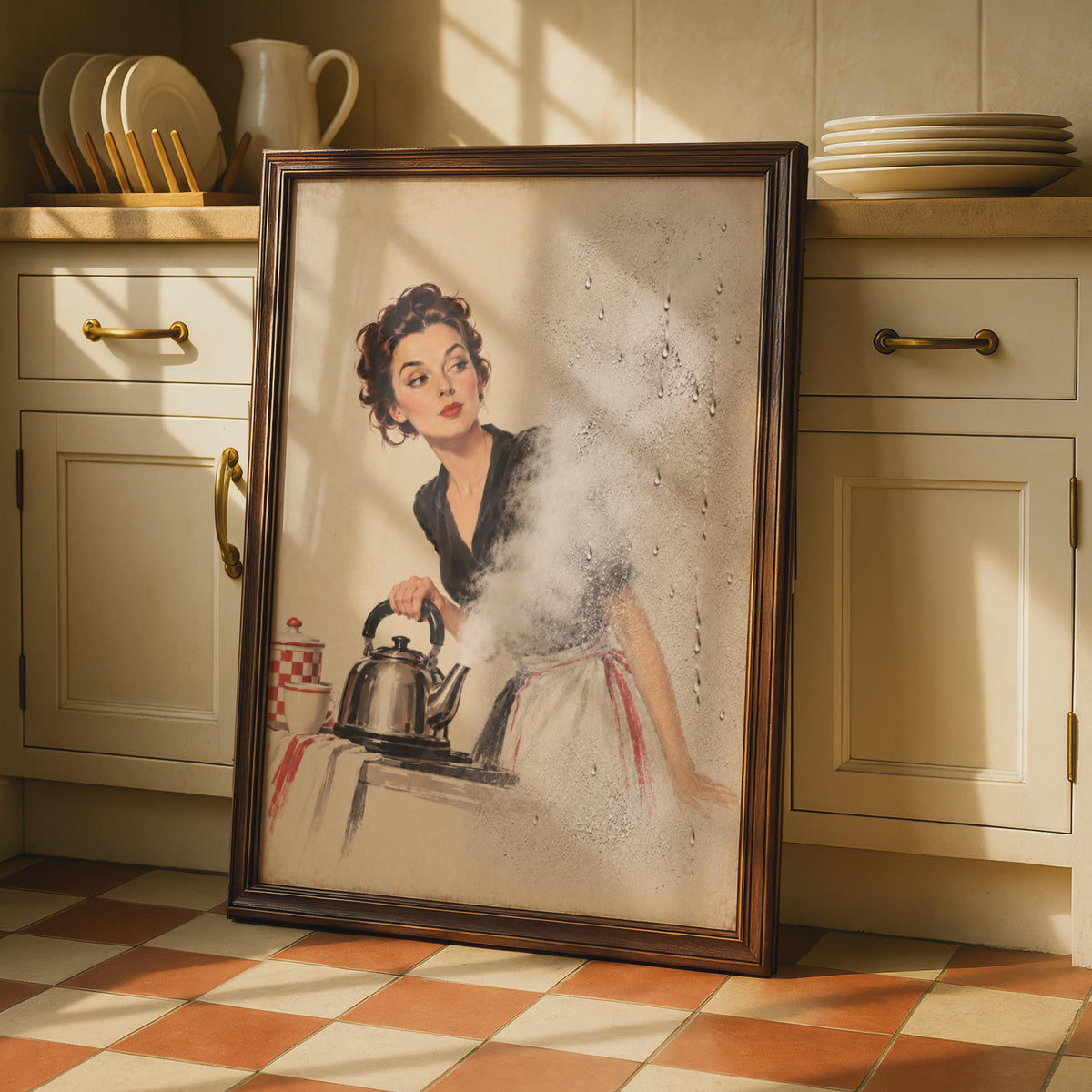Retro Pin Up 1950s Steam Kettle Trompe L'Oeil Condensation Print (Mid Century Home Decor)
