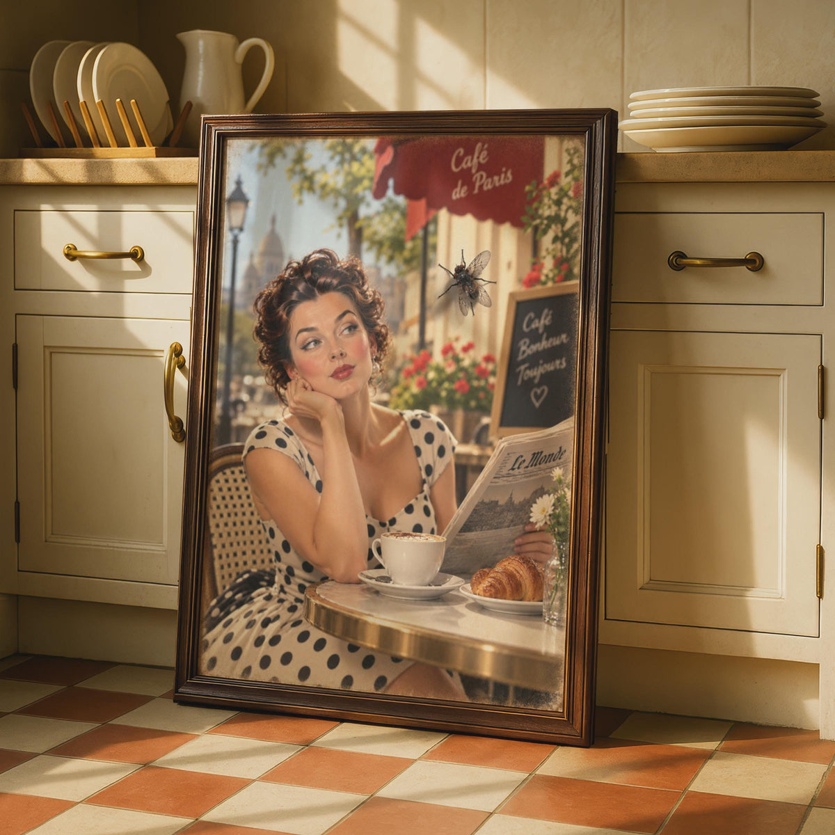 Paris Cafe Optical Illusion Poster, Vintage Pin-Up French Wall Art, Retro Trompe L'Oeil Fly Print, Kitchen Dining Room Decor 