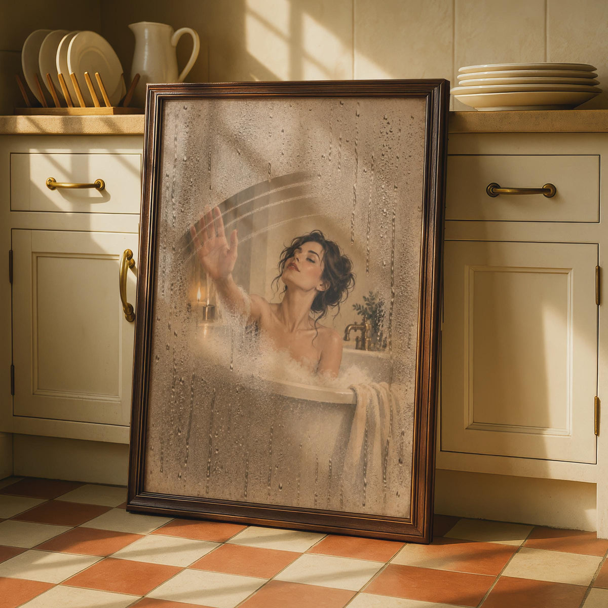 Steamy Bath Optical Illusion Poster, Trompe L'oeil Condensation Wall Art (Printed)