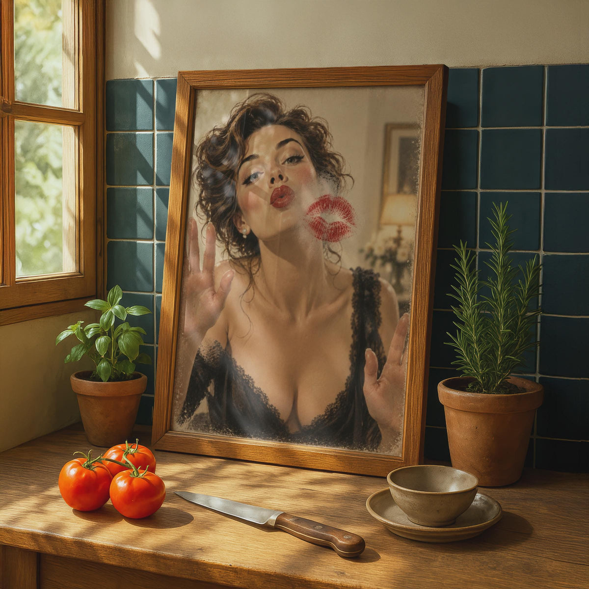Vintage Pin Up Kiss Poster, Retro Glamour Wall Art, Red Lips Trompe L'oeil Print, Boudoir Decor, Optical Illusion Smudge Glas